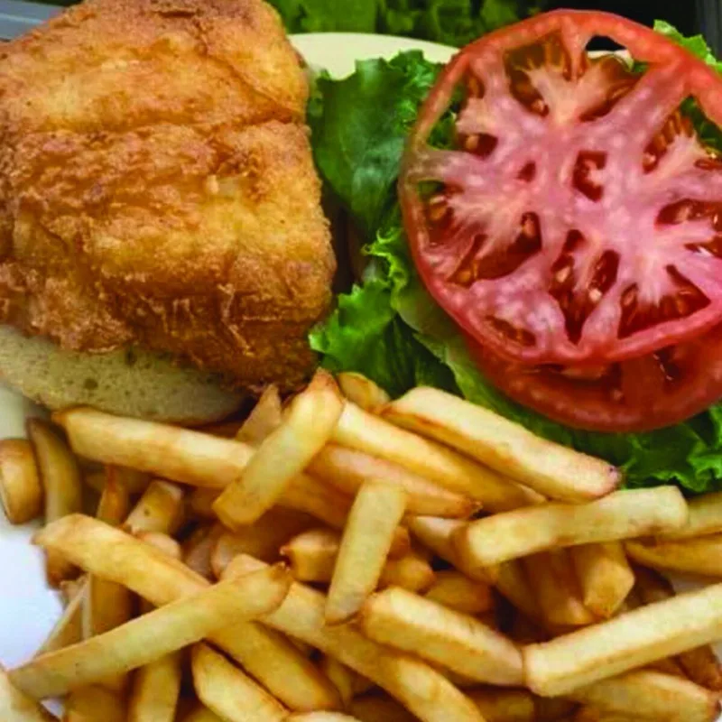 Fresh fried fish sandwich with french fries